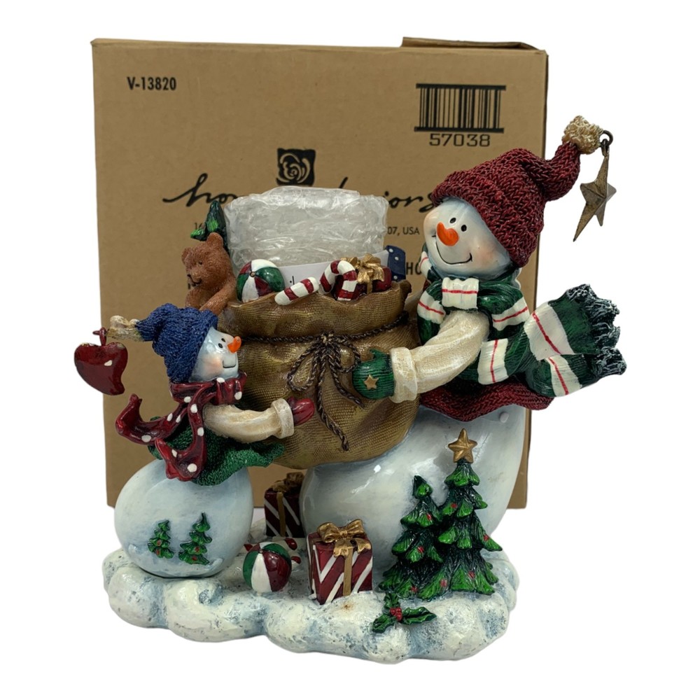 Home Interiors Snowmen w/ Santa Sack of Toys Votive Candle Holder 6.5” Tall